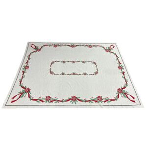 Vintage Christmas Tablecloth Poinsettia Ribbon Holly Kmart 61x82 Holiday Decor